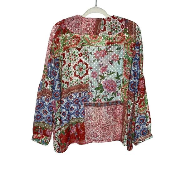 Zara Top Womens XL Patchwork Floral V Neck Ruffle Boho Swiss Dot Chiffon Blouse - Picture 2 of 16